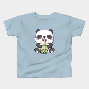 Cute Little Panda Drinking Matcha Boba Tea Kids T-Shirt